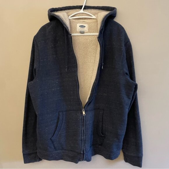 Old Navy Dark Heather Blue Sherpa-Lined Hoodie Zip-Up Sweatshirt - Picture 3 of 15